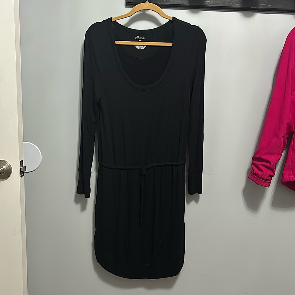 Soma Black Long Sleeve Knit Dress with Pockets & Drawstring Waist Size M